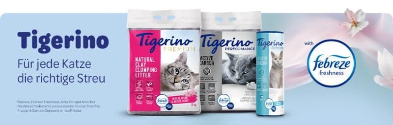 Bild von den neuen Tigerino Produkten mit frischen Febreze Düften bieten Geruchsbekämpfung und Frische. Grafik: zooplus