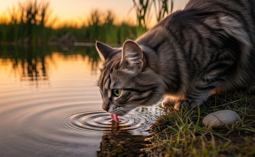 Katze trinkt Wasser am Teich